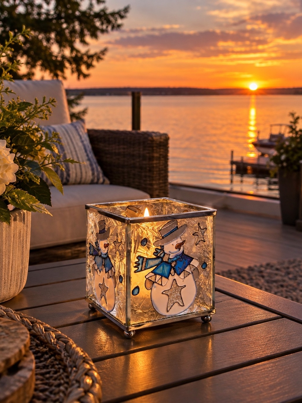 Festive Snowman Glass Candle Holder - White & Blue